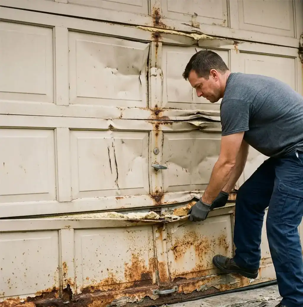Outdated, worn garage door in need of full replacement on a Murfreesboro, TN home