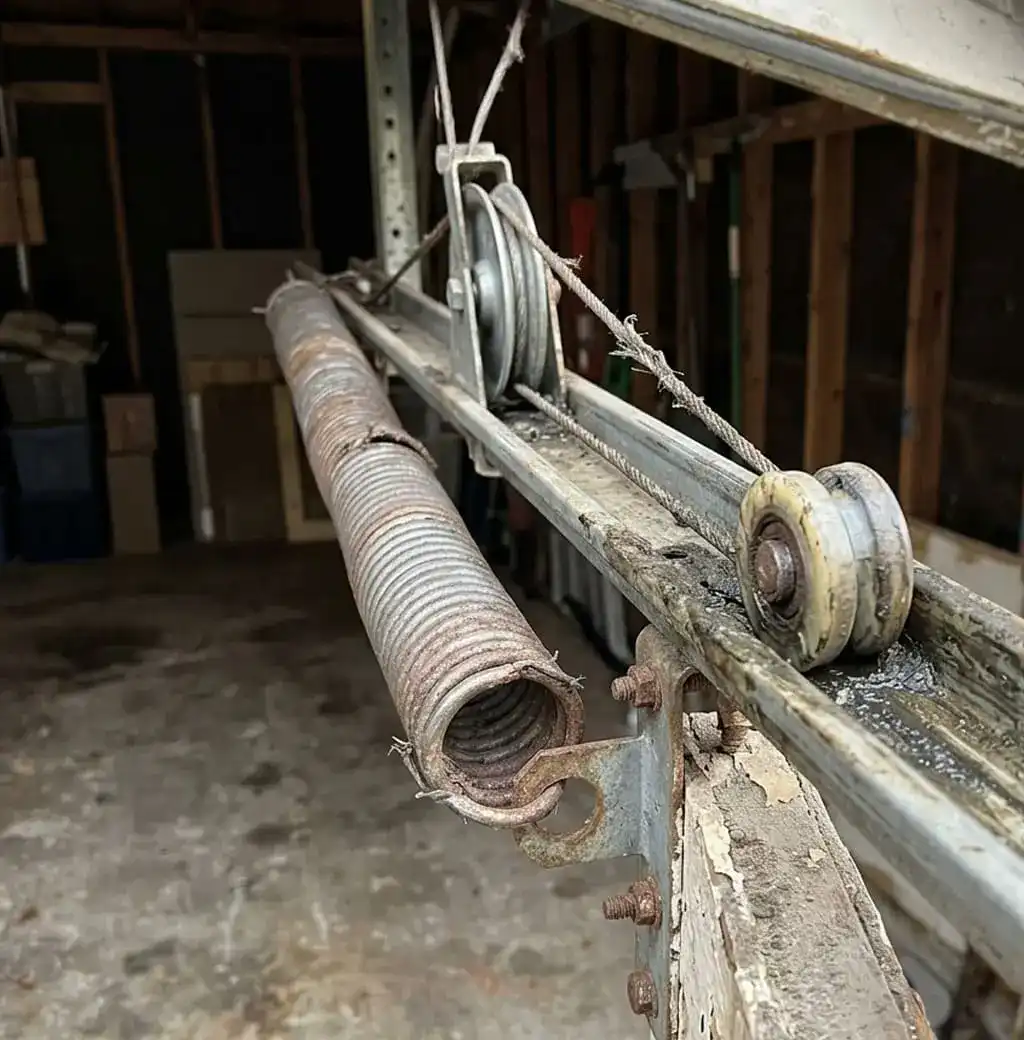 Close-up of a rusted, worn garage door spring showing early signs of failure on a Murfreesboro, TN home