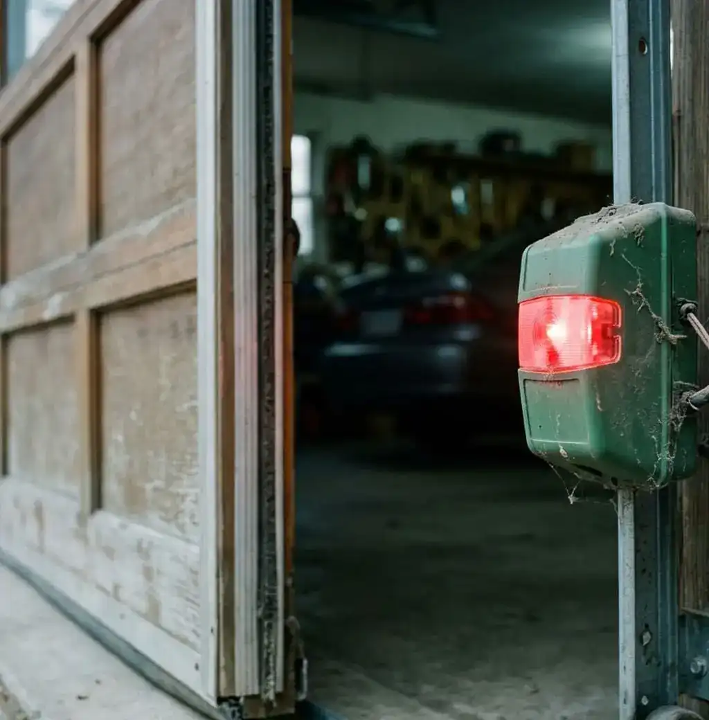 Homeowner checking a garage door opener control panel that is showing a warning light in Murfreesboro, TN