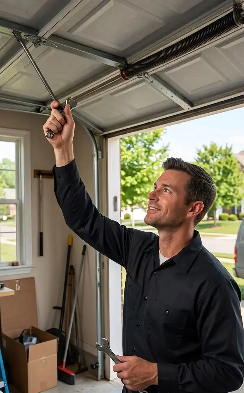 Murfreesboro garage door technician inspecting a torsion spring before starting a repair