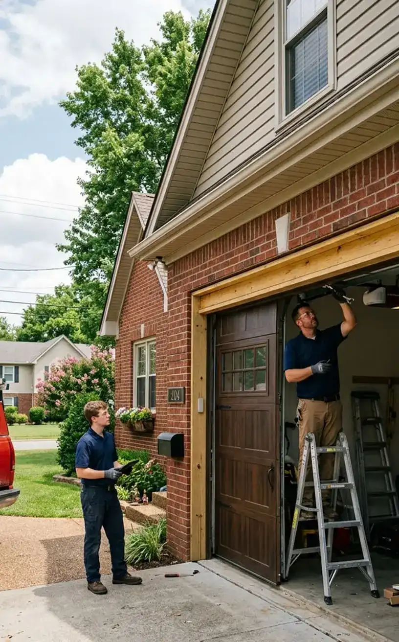 Technician mounting new garage door tracks and hardware during installation in Murfreesboro, TN