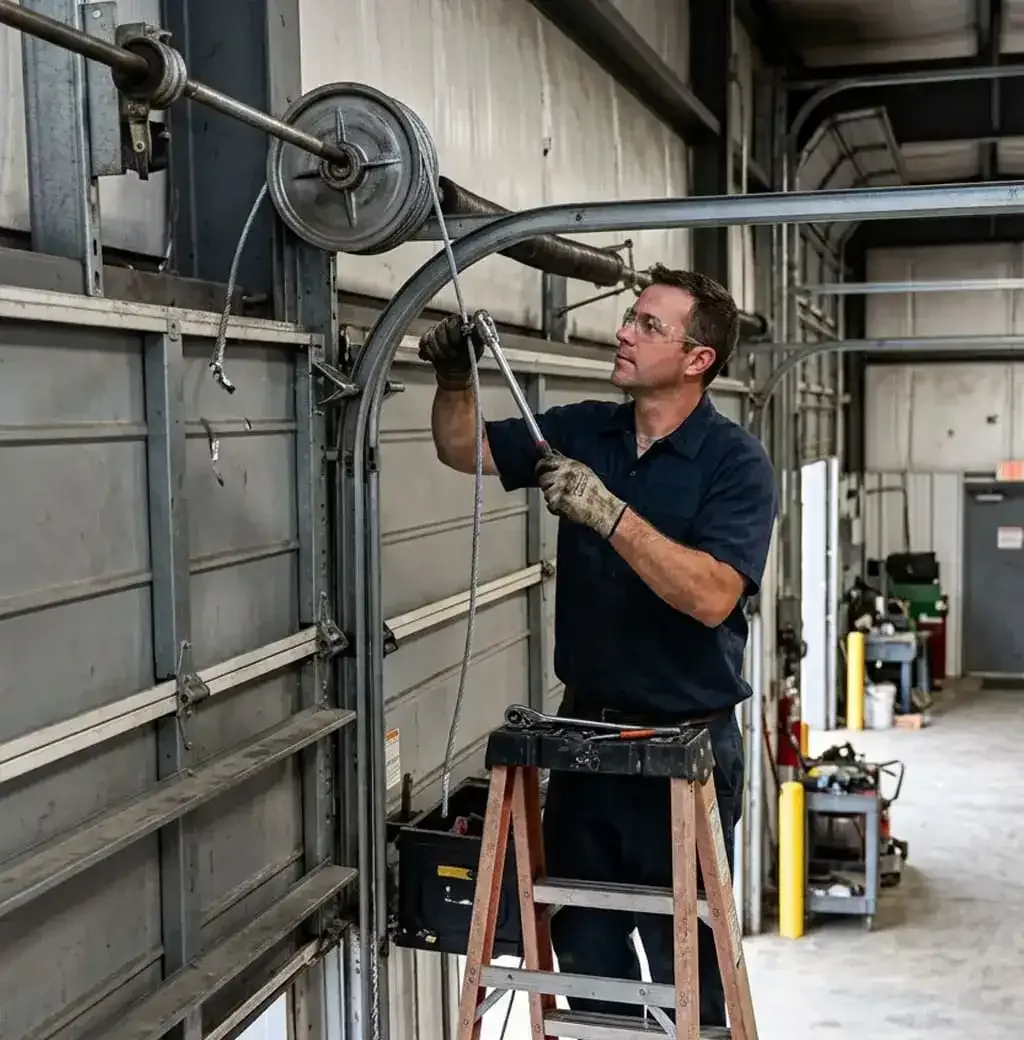 Garage door with a worn, frayed cable showing signs of failure in Nashville, TN