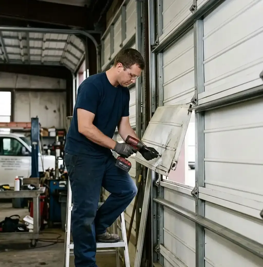 Dented and warped garage door panel on a Nashville, TN home needing replacement