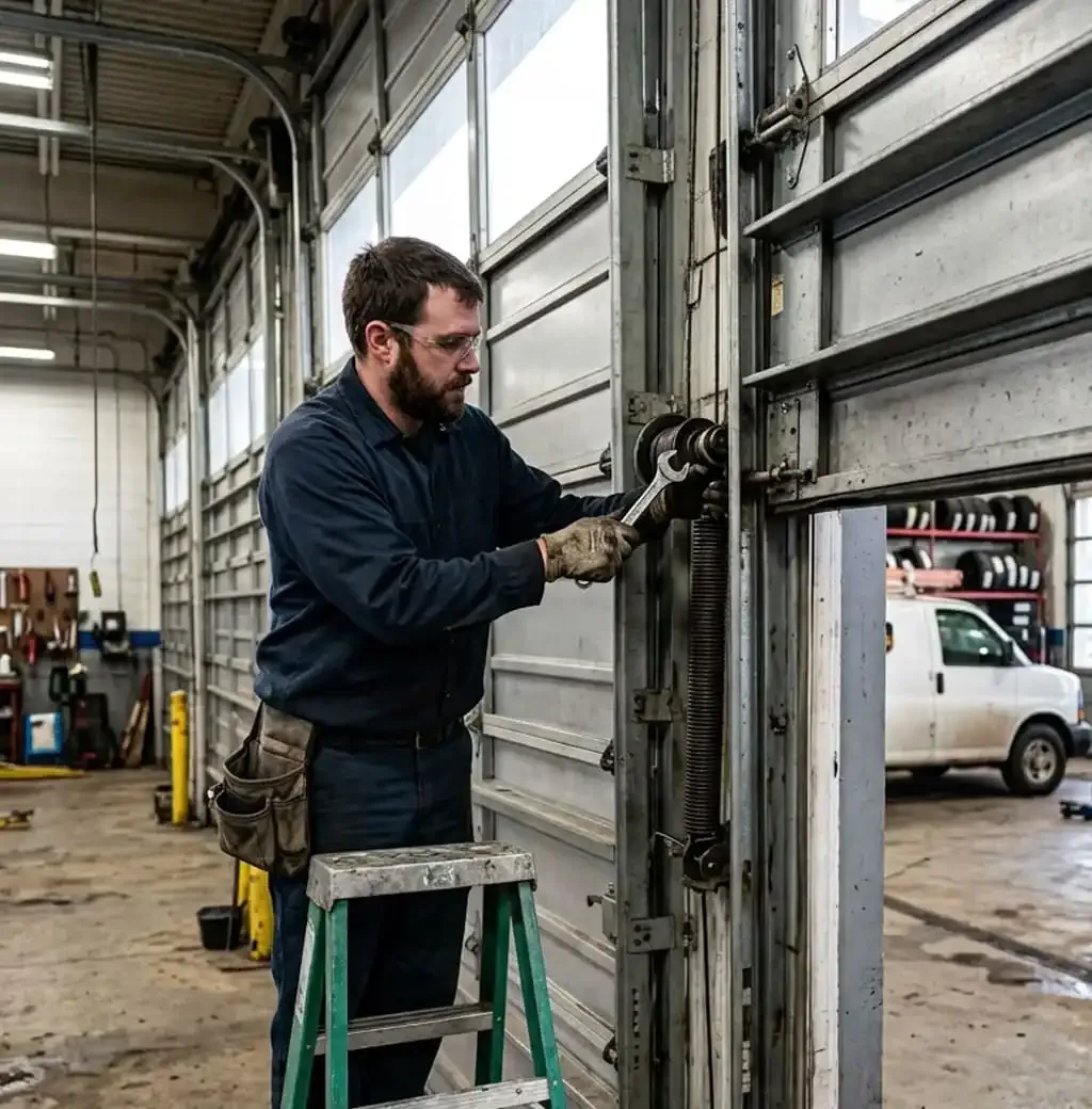 Technician performing preventive maintenance on a commercial garage door system in South Nashville, TN