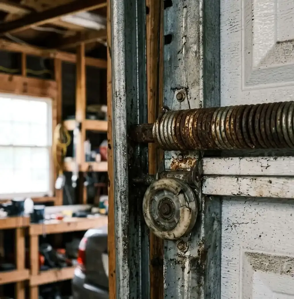 Garage door repair Smyrna, TN — rusted spring and worn roller on a home's garage door track