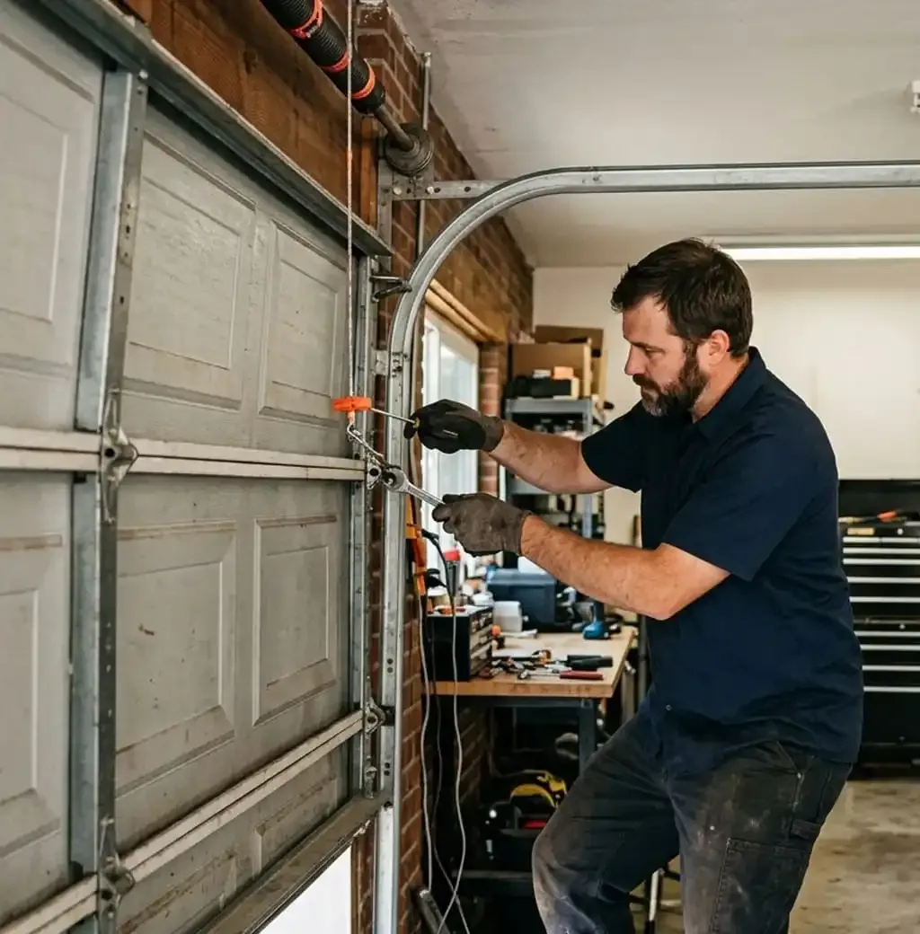 Garage door cable and spring hardware inspected during an emergency repair in Franklin, TN