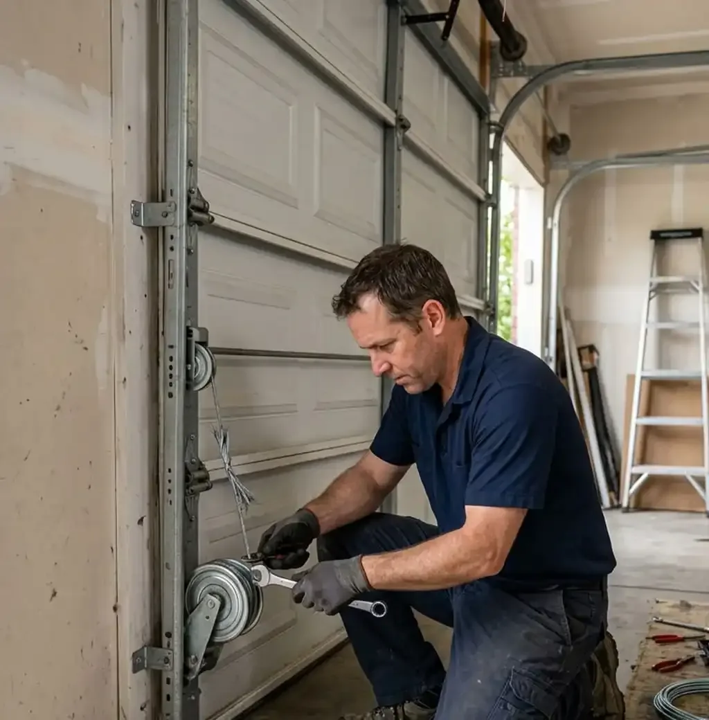 Technician inspecting a garage door cable and drum system in Franklin, TN