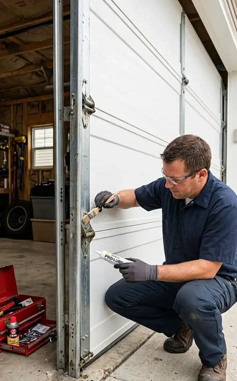 Garage door maintenance Murfreesboro, TN — technician lubricating a garage door hinge