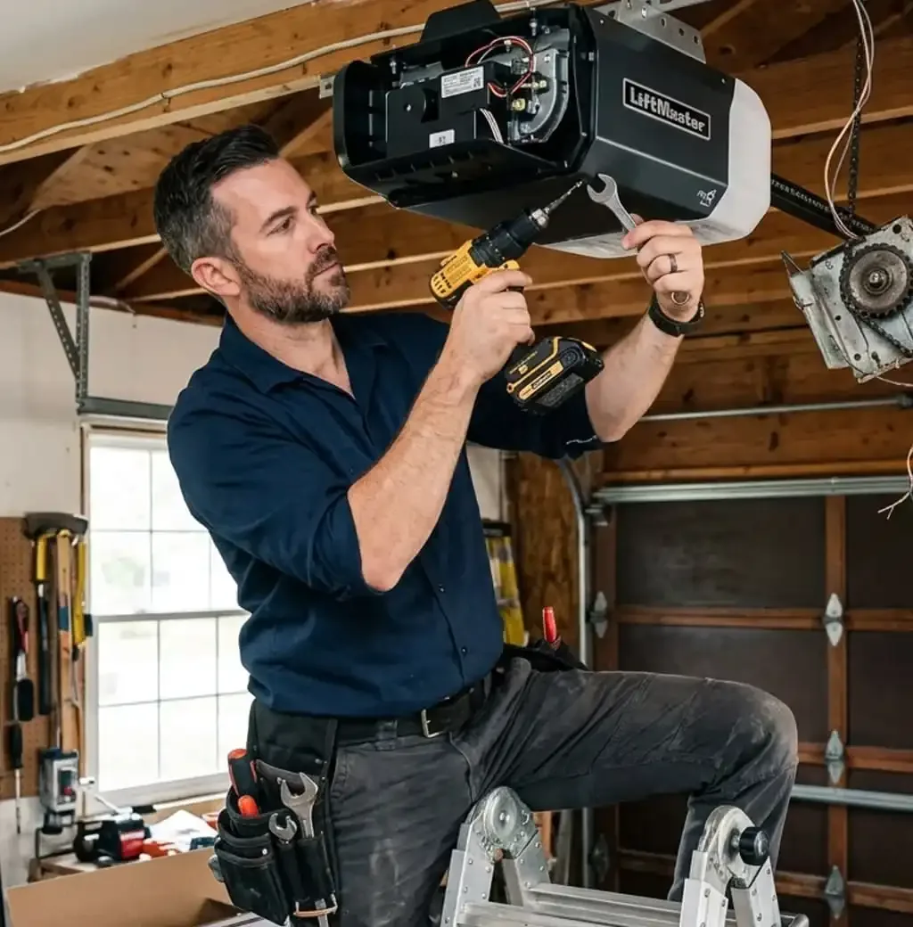 Garage door opener installation Franklin, TN — garage door with older opener system