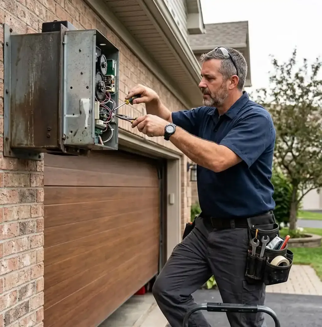 Garage door and opener track on a Franklin, TN home showing signs of wear