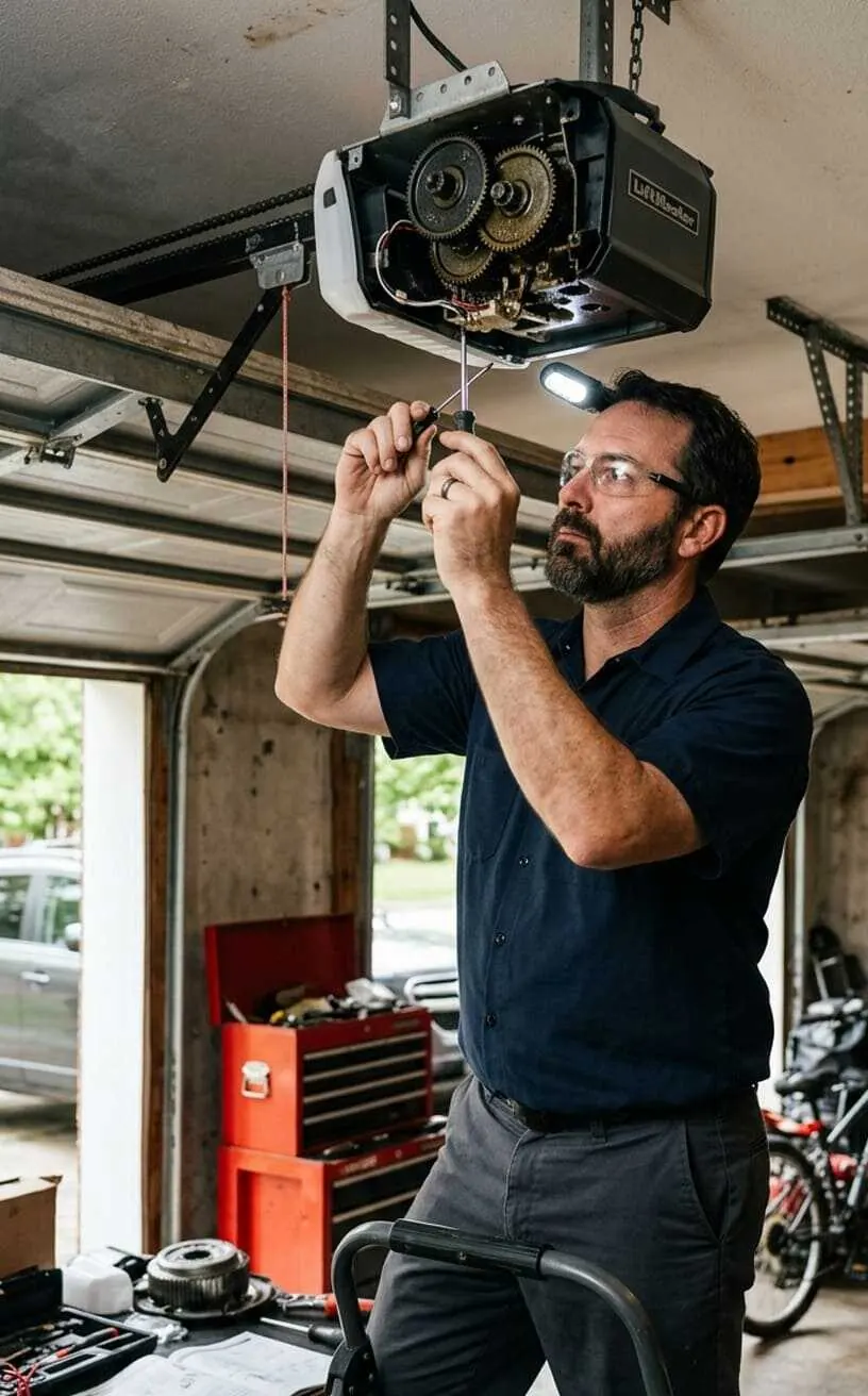 Garage door opener repair technician inspecting a motor unit in Nashville, TN