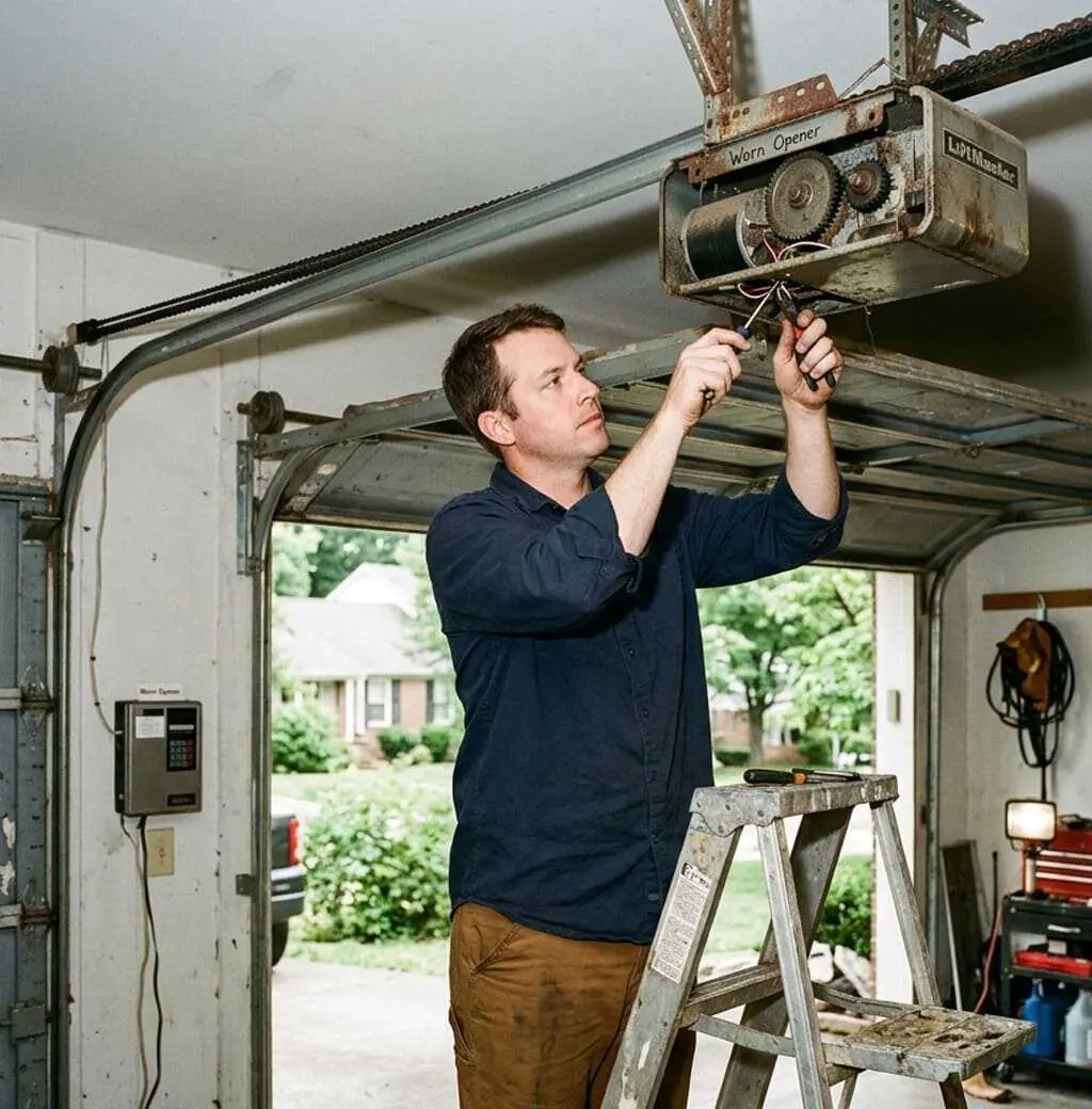 Worn garage door opener showing signs it needs repair in a Nashville, TN home