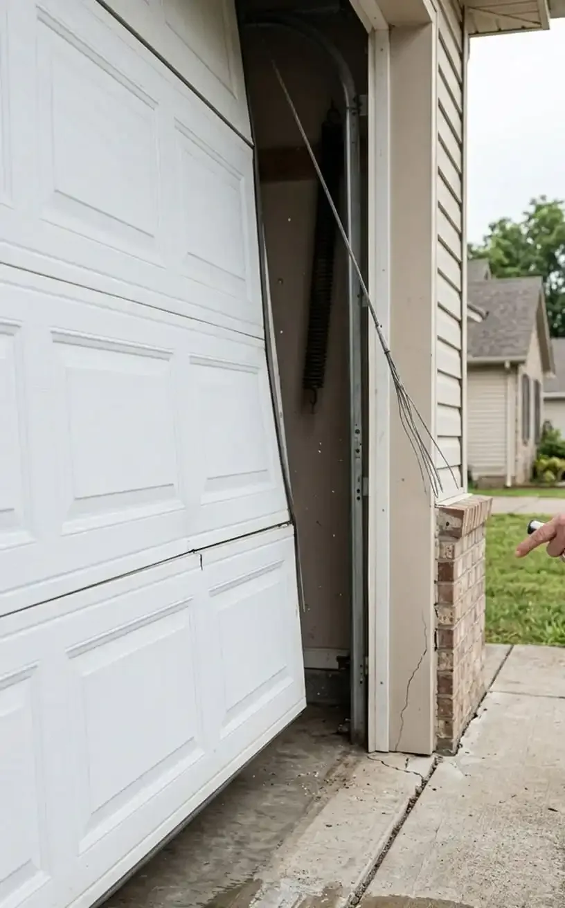Garage door repair La Vergne, TN — garage door with a crooked, damaged track