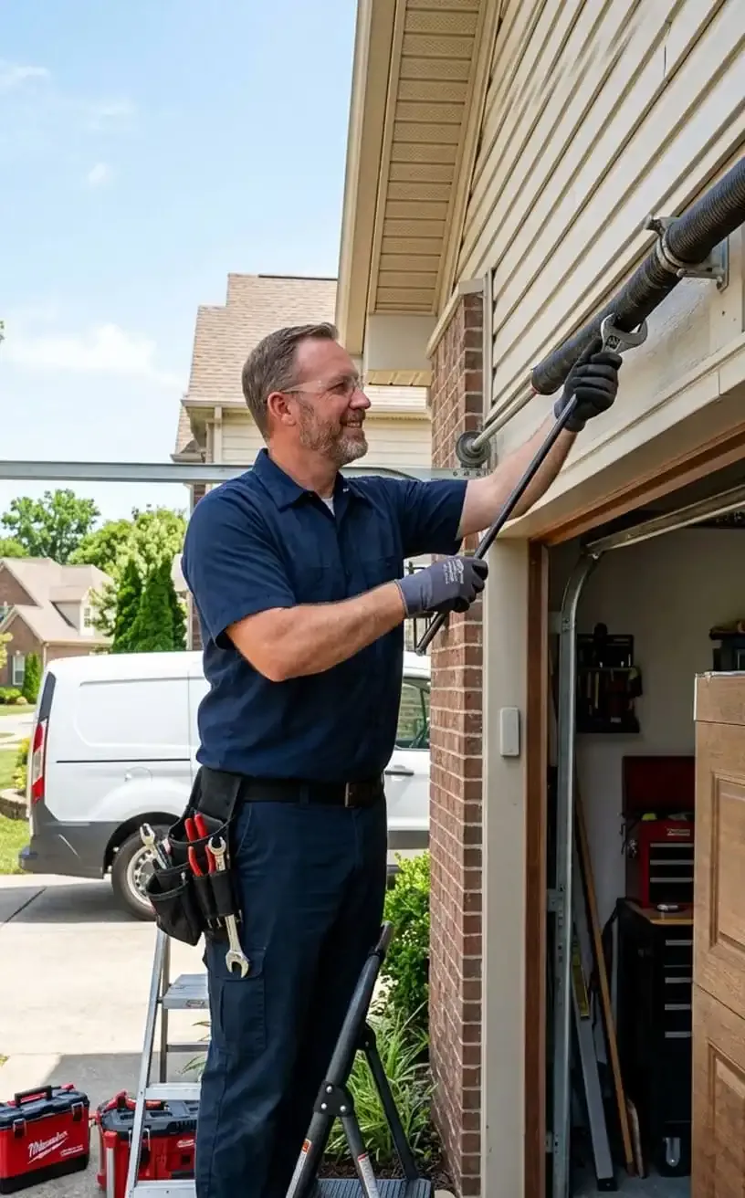 Garage door repair Smyrna, TN — technician adjusting a spring on a residential door