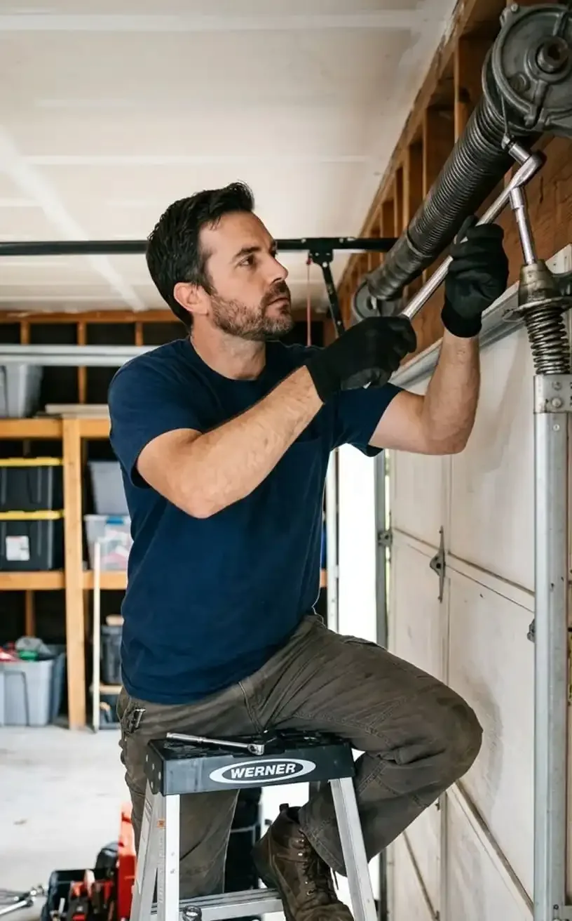 Garage door spring repair Franklin, TN — close-up of a torsion spring and mounting hardware above a garage door