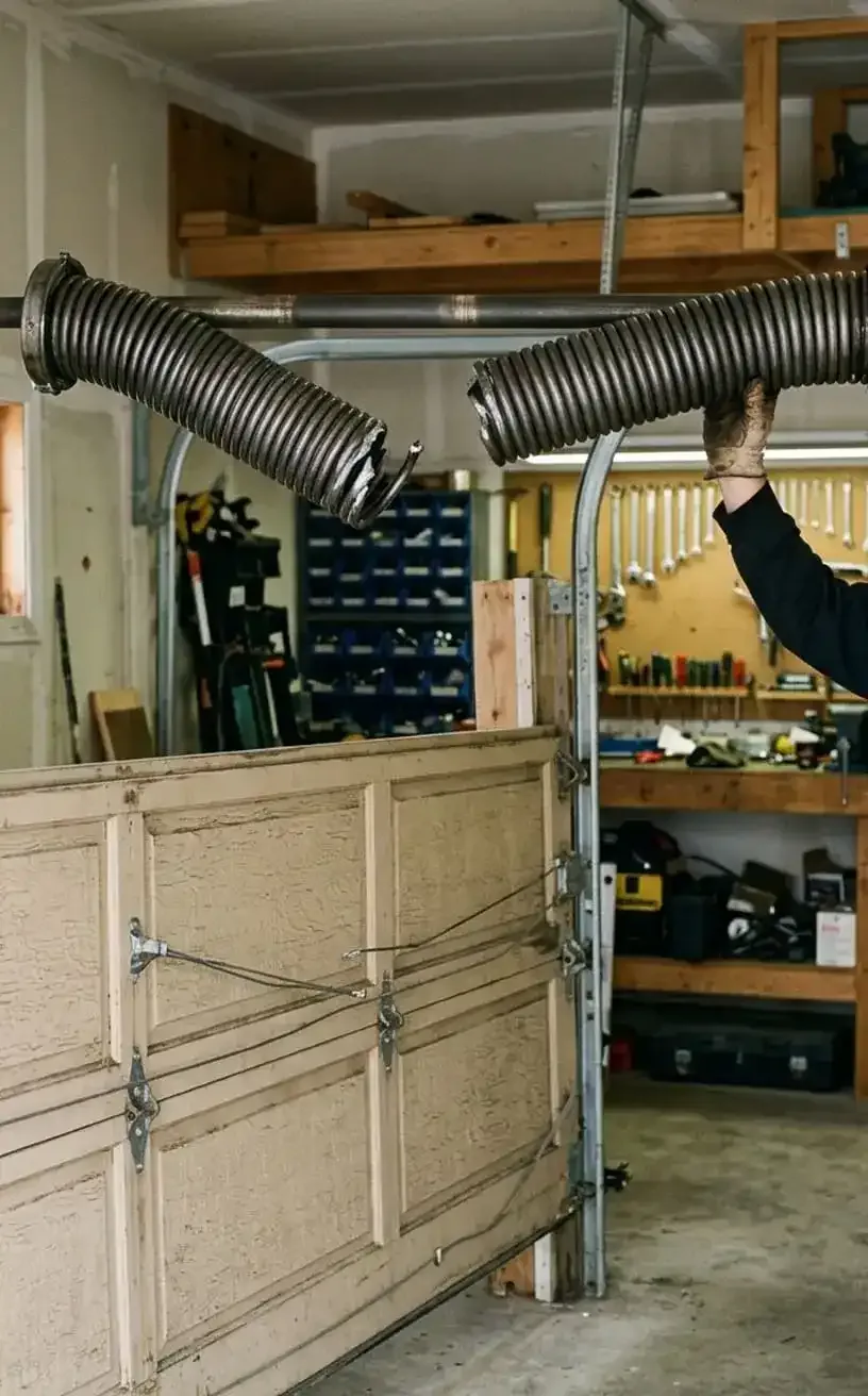 Garage door spring repair Murfreesboro, TN — close-up of a garage door torsion spring above the door