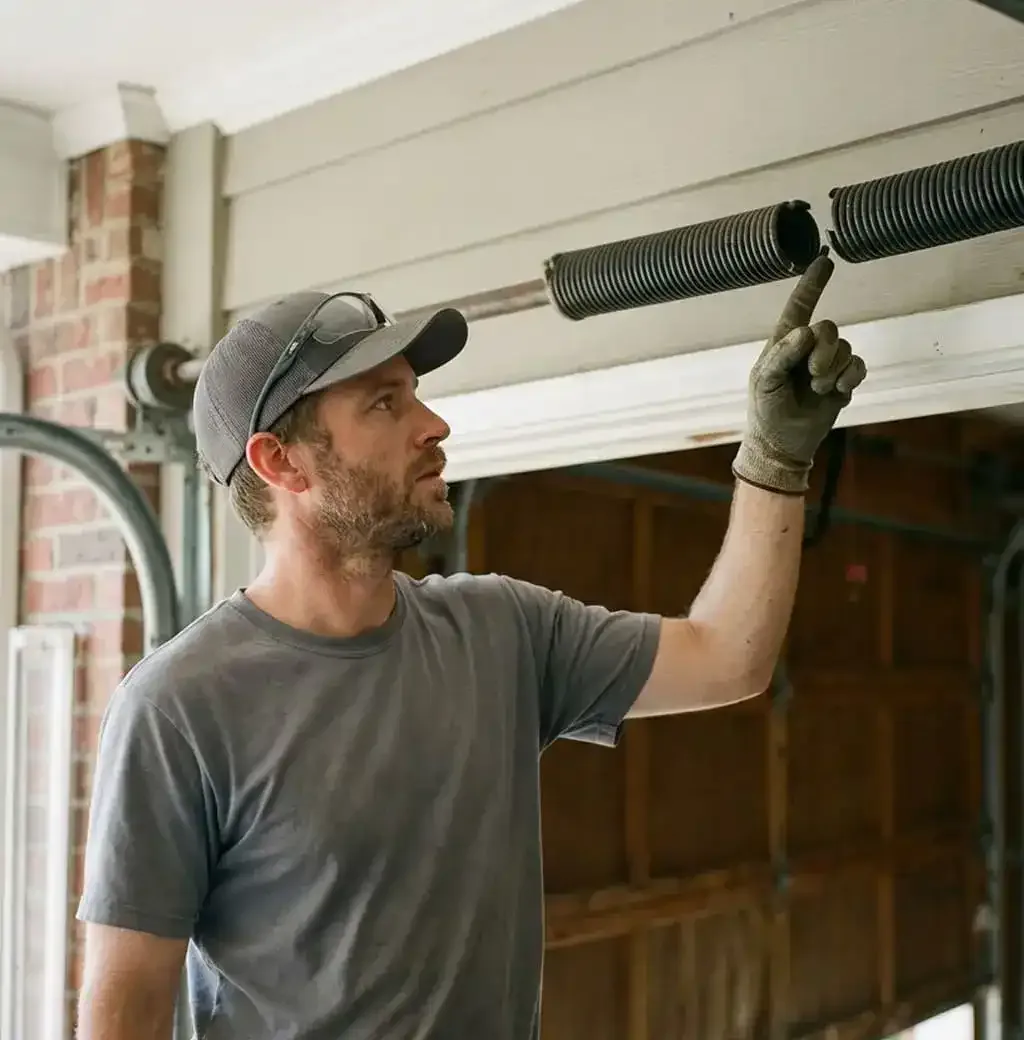 Broken garage door spring coil showing a visible gap on a Nashville, TN home