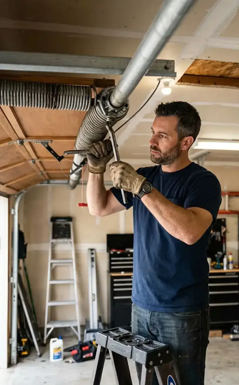 Technician replacing a heavy-duty commercial garage door spring in Nashville, TN