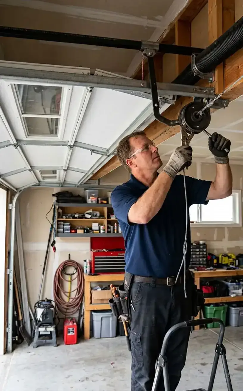 Technician inspecting a garage door cable and drum system in Nashville, TN
