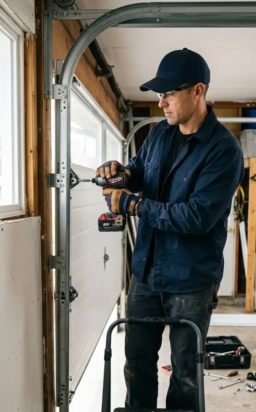 Technician inspecting a damaged garage door panel before replacement in Nashville, TN