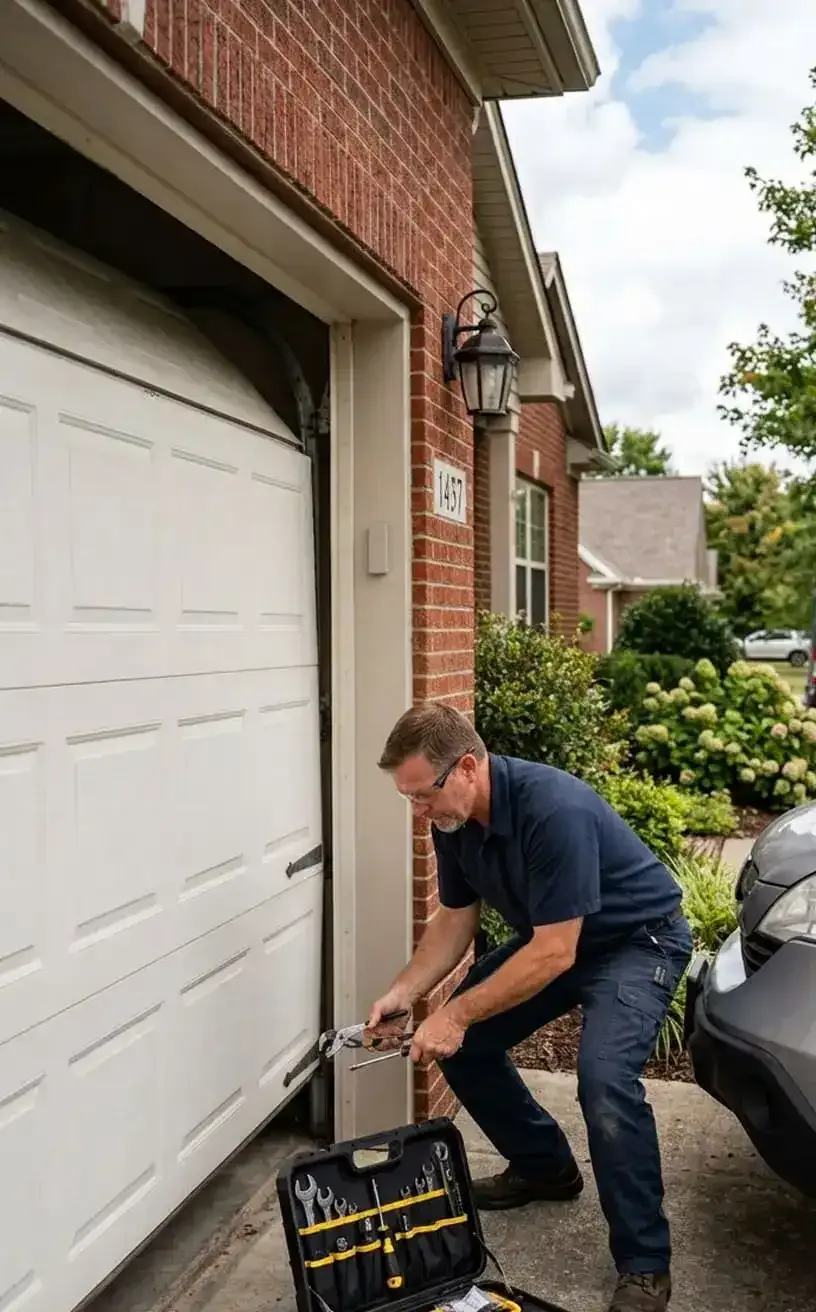 Car parked beside a home garage door while waiting for same day repair, Murfreesboro TN